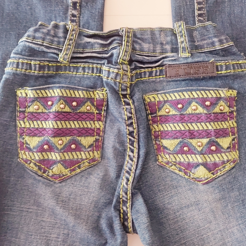 Cowgirl Tuff Girls Jeans Adjustable Waist Elastic Aztec Reboot Embroidered Sz 8 - Picture 5 of 9